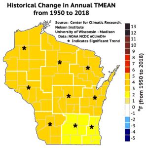 This map shows annual average temperatures have increased by three to five degrees in most parts of Wisconsin from 1950 to 2018.