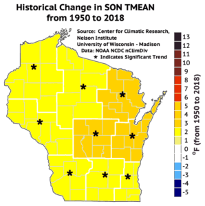 This map shows fall average temperatures have increased by three to five degrees in central and northeast Wisconsin, and two degrees elsewhere in the state, from 1950 to 2018.
