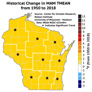 This map shows spring average temperatures have increased by three degrees across Wisconsin from 1950 to 2018.