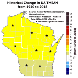 This map shows summer average temperatures have increased by at least one and as much as three degrees across Wisconsin from 1950 to 2018.