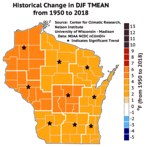 This map shows winter average temperatures have increased by at least two and as much as six degrees across Wisconsin from 1950 to 2018.