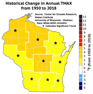 This map shows average annual maximum temperatures have increased by at least two and as much as five degrees in Wisconsin from 1950 to 2018.