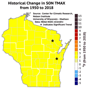 This map shows average fall maximum temperatures have increased by three degrees in Wisconsin from 1950 to 2018.