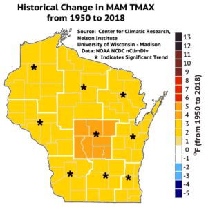 This map shows average spring maximum temperatures have increased by three degrees across most of Wisconsin from 1950 to 2018.