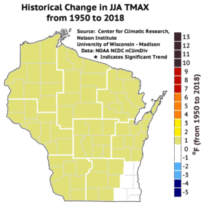 This map shows average summer maximum temperatures have increased by one degree across nearly all of Wisconsin from 1950 to 2018.