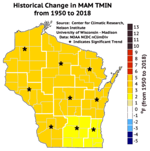 This map shows average spring minimum temperatures have increased by as much as five degrees in most parts of Wisconsin from 1950 to 2018.