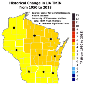 This map shows average summer minimum temperatures have increased by as much as five degrees in central, north-central and northeast Wisconsin from 1950 to 2018.