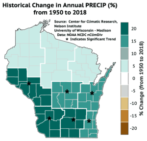 This map shows annual precipitation has increased by 20 percent in south-central and western Wisconsin from 1950 to 2018.