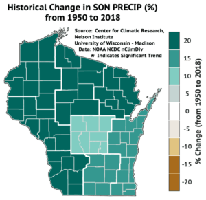 This map shows fall precipitation has increased by 20 percent in northern and western Wisconsin from 1950 to 2018.