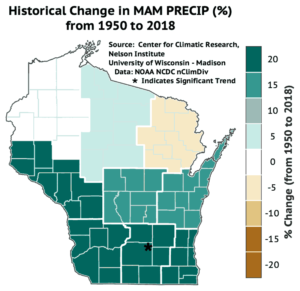 This map shows spring precipitation has increased by 20 percent in southern and western Wisconsin from 1950 to 2018.