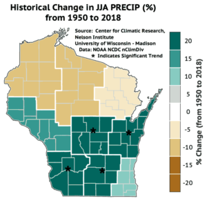 This map shows summer precipitation has increased by 20 percent from southwest to northeast Wisconsin from 1950 to 2018.
