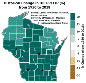 This map shows winter precipitation has increased by 20 percent in most areas of Wisconsin from 1950 to 2018.