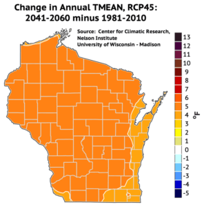 Annual average temperatures are projected to increase by 5 degrees in most of Wisconsin by mid-century.