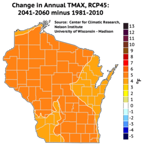 Average annual maximum temperatures are projected to increase by 5 degrees in most of Wisconsin by mid-century.