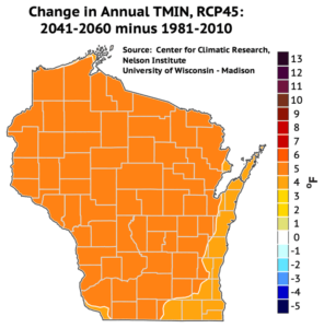 Average minimum temperatures are projected to increase by 5 degrees in most of Wisconsin by mid-century.