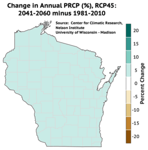 Precipitation is projected to increase by 5 percent in Wisconsin by mid-century.