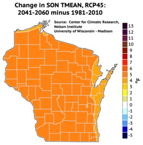 Average fall temperatures are projected to increase by 4 to 5 degrees in Wisconsin by mid-century.