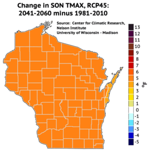 Average maximum temperatures are projected to increase by 5 degrees across Wisconsin by mid-century.