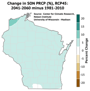 Nearly all of Wisconsin is projected to see a 5 percent increase in average fall precipitation by mid-century.