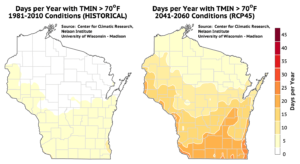 Parts of southern and east-central Wisconsin could see 20 days per year where the minimum temperature is above 70 degrees.