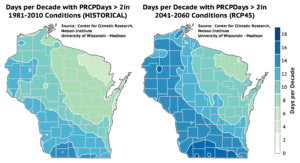 Historically, most of Wisconsin has seen 8 to 14 days per decade of more than 2 inches of precipitation in a day, but that number is projected to increase to 10 to 18 days by mid-century.
