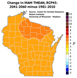 Wisconsin is projected to see average spring temperatures increase by 4 to 5 degrees by mid-century.