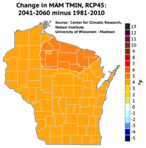 Most of Wisconsin is projected to see an increase of 4 degrees in summer average minimum temperatures by mid-century, with some northern parts of the state seeing a 5-degree increase.