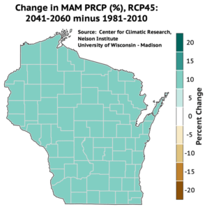 Average spring precipitation in Wisconsin is projected to increase by 10 percent by mid-century.