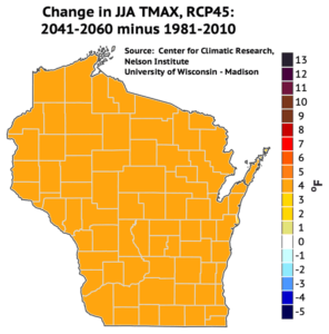 Average summer maximum temperatures are projected to warm by 4 degrees in Wisconsin by mid-century.