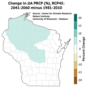 Central and northern Wisconsin are projected to see a 5 percent increase in average summer precipitation by mid-century.