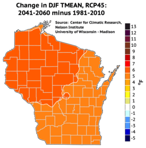 Average winter temperatures are projected to increase by about 5 degrees across Wisconsin by mid-century.
