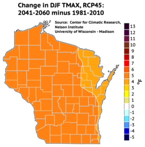 Average winter maximum temperatures are expected to increase by 5 degrees across most of Wisconsin by mid-century.