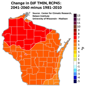 Average winter minimum temperatures are projected to rise across Wisconsin by mid-century, as much as 7 degrees in the northern part of the state.