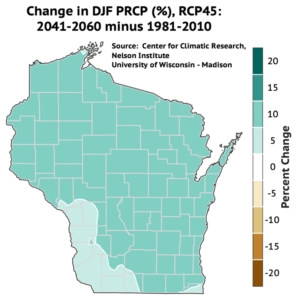 Winter precipitation is projected to increase by 10 percent in most of Wisconsin by mid-century.