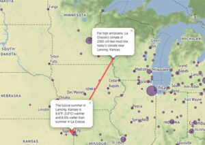 Map showing that the climate in La Crosse, Wisconsin, could resemble the climate in Lansing, Kansas, in 2080.