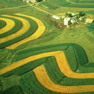 Aerial view of an example of contour farming, with alternating bands of amber and lush green farmland