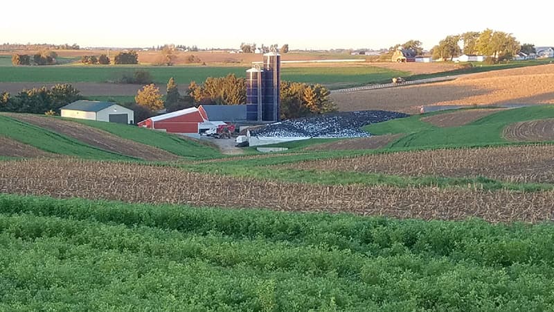 A small dairy farm surrounded by green rolling hills