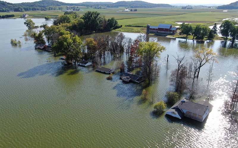 Aerial view of flooding in a rural neighborhood