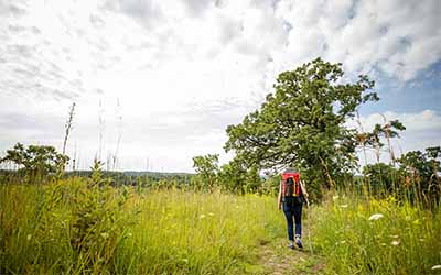 A backpacker hikes along a trail through a prairie on a partly cloudy summer day