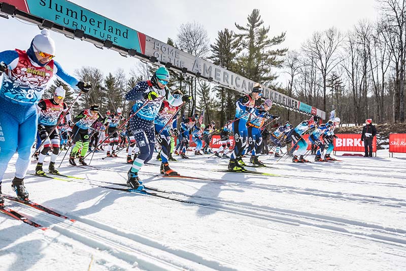 Skiers depart from the start line en masse at the American Birkebeiner.