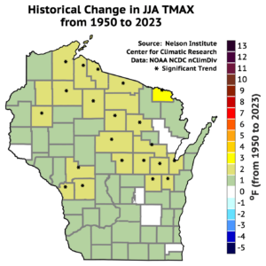 A map of Wisconsin depicting historical changes in summer (June, July, August) maximum temperatures (TMAX) from 1950 to 2023. Color-coded counties show temperature changes, ranging from a decrease (blue) to an increase (red). Black asterisks mark areas with significant trends.