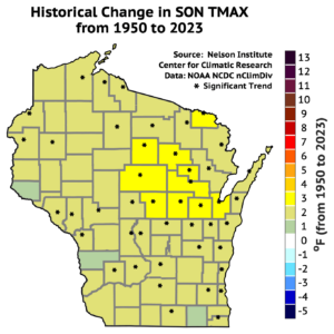 A map of Wisconsin showing the historical change in fall (September, October, November) maximum temperatures from 1950 to 2023. Colors range from dark blue (cooling) to dark red (warming), with yellow indicating significant trends.