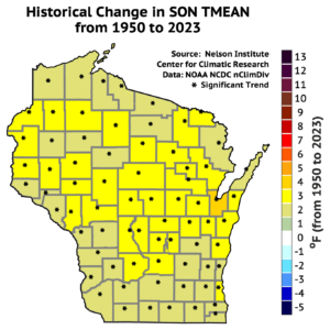 A color-coded map of Wisconsin showing the historical changes in fall average temperatures (September, October, November) from 1950 to 2023. The legend indicates a temperature change range from -1 to 13 degrees Fahrenheit. Significant trends are marked with black asterisks.