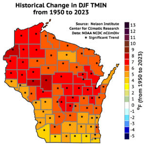 A map of Wisconsin showing historical changes in average minimum winter temperatures (December, January, February) from 1950 to 2023. The map uses a color gradient from blue to red, indicating temperature changes from -1°F to 13°F. Significant trends are marked with black stars.