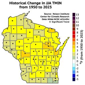 A heat map of Wisconsin showing historical changes in summer (June, July, August) minimum temperatures from 1950 to 2023. Yellow indicates a slight increase, while red represents a higher increase. Black asterisks mark areas with significant trends.