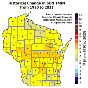 A map of Wisconsin depicting the historical change in fall season (September, October, November) minimum temperatures from 1950 to 2023, measured in degrees Fahrenheit. The map shows a color gradient indicating temperature changes, along with symbols highlighting significant trends in various regions.