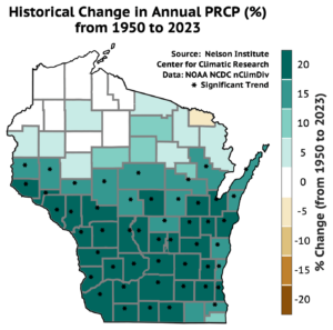 Map of Wisconsin showing the historical change in annual precipitation percentage from 1950 to 2023. The map uses a color scale from brown (decrease) to green (increase) to represent the percentage change. Areas with a significant trend are marked with a star.