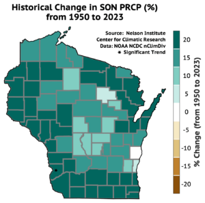 A map of Wisconsin displaying percentage changes in fall (September, October, November) precipitation from 1950 to 2023. Different shades represent various levels of change, from -10% to +25%. A significant trend is marked in one county in the southwest with a star.