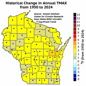 A map of Wisconsin shows an overall warming trend in annual maximum temperature statewide from 1950 to 2024, with most counties experiencing a 2 to 4 degree Fahrenheit increase, which is a significant trend.