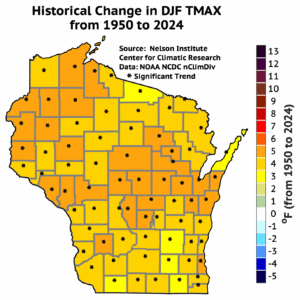 A map of Wisconsin shows a widespread warming trend in December, January, and February maximum temperatures from 1950 to 2024, with most counties experiencing a 4 to 6 degree Fahrenheit increase, which is a significant trend.